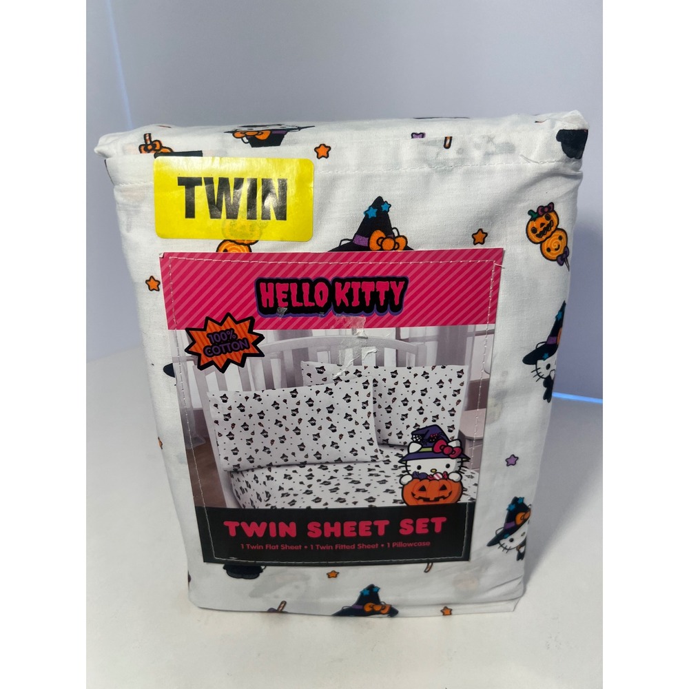 Hello Kitty Halloween Witch Twin Sheet Set 3pc 100% Cotton Pumpkins Fall